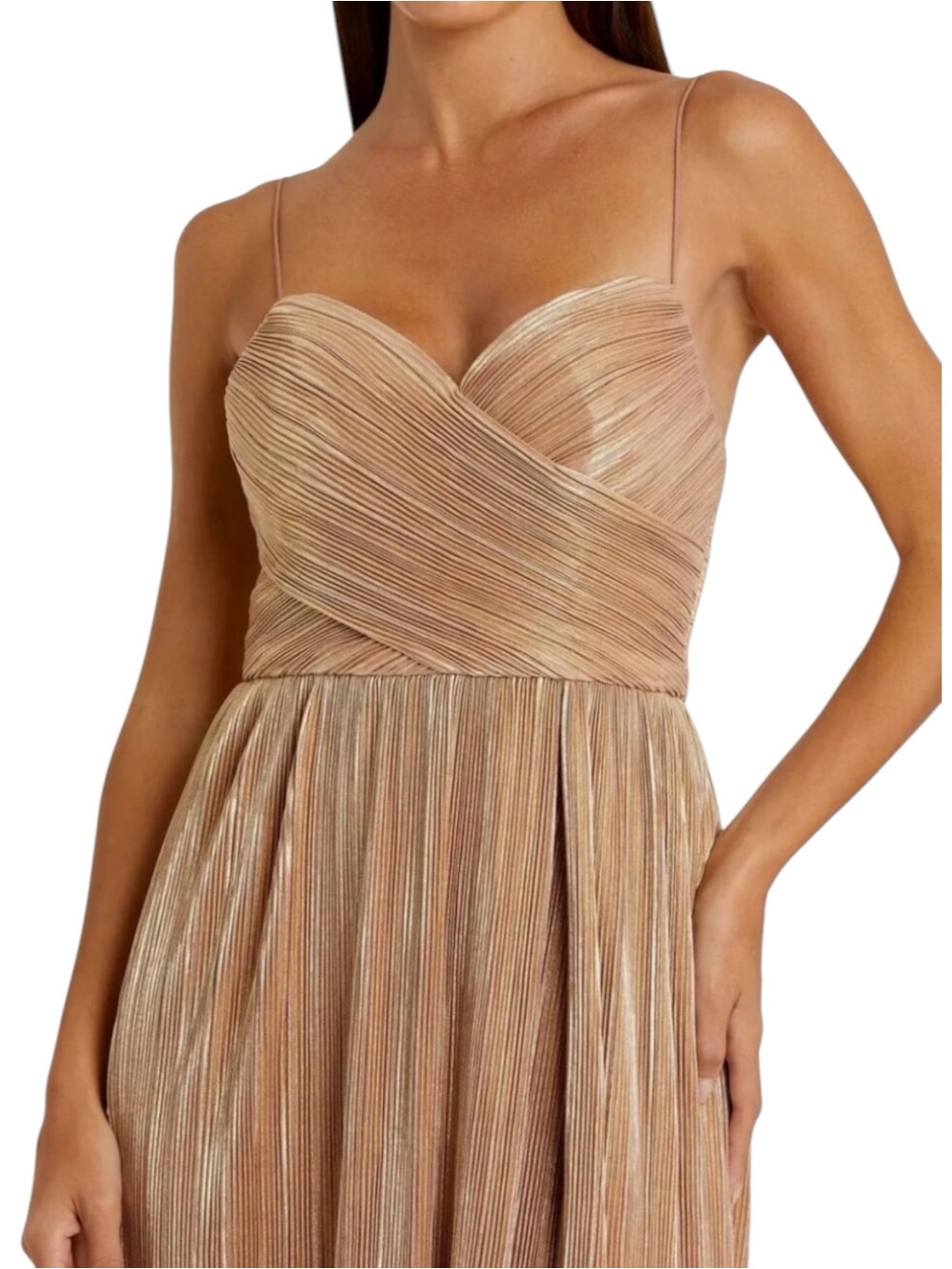 Ieena for Mac Duggal Dress 26275 Slit Metallic Rose Gold Ruched  Gown NWT Size 6 - Picture 3 of 12